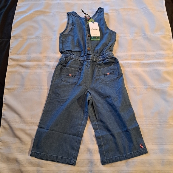 Joules girls 5 or 6 UNA Chambray kitty pocket romper 5y or 6y NWT - Picture 1 of 9